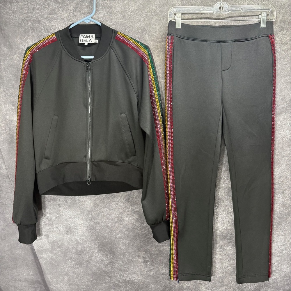 Pam & Gela Black Rainbow Rhinestone Stripe Tracksuit Set Jacket Pants Size XS/S
